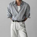 Linen striped long sleeved shirt for men, light mature style, casual, no iron blue lightweight shirt