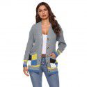 Autumn and winter women's thickened woven cardigan jacket with color matching large pockets, single breasted V-neck casual sweater for women 