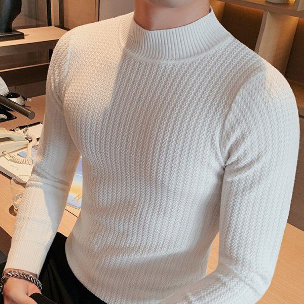 Half high neck sweater, men's slim fit trendy long sleeved knitted base sweater, versatile design, solid color sweater