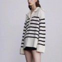 Big collar black and white striped sweater, women's autumn and winter new knitted sweater