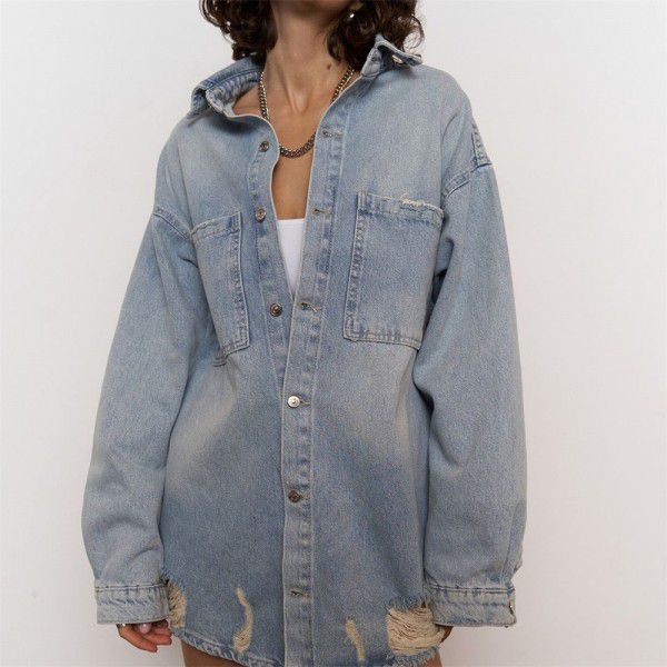 Broken hole distressed cowhide jacket for women, retro style, mid length, lapel, fashionable denim shirt