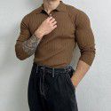 Long sleeved T-shirt men's polo shirt light mature style ribbed knitted T-shirt