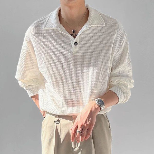 Waffle top men's long sleeved polo collar loose casual base shirt