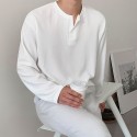 Men's simple V-neck long sleeved T-shirt loose casual top Korean version trendy white T solid color base shirt trend