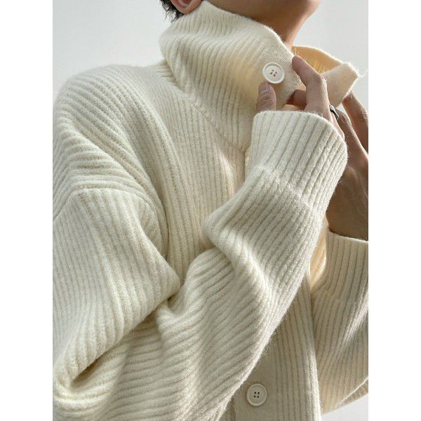 Button decoration, thickened high neck sweater, men's loose temperament, base wool knitted cardigan