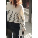 Woolen sweater, women's round neck striped pullover sweater, loose cashmere knit sweater as base