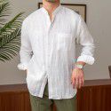 Commuting light mature casual breathable pure linen long sleeved shirt versatile vacation stand collar shirt men Henry collar top