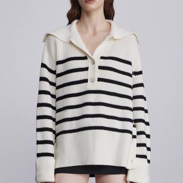 Big collar black and white striped sweater, women's autumn and winter new knitted sweater