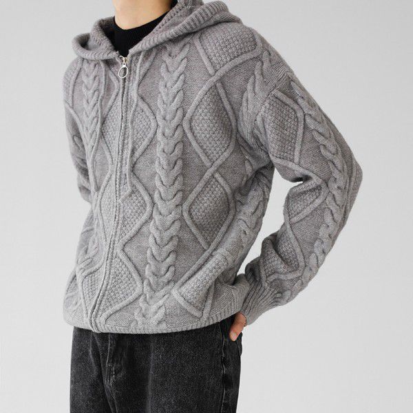 Zipper sweater men's hooded knitted sweater light mature cardigan solid color loose trendy diamond grid jacket