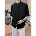 Men's Ice Silk Shirt Top with Seven Sleeve Light Mature Style Men's Half Sleeve