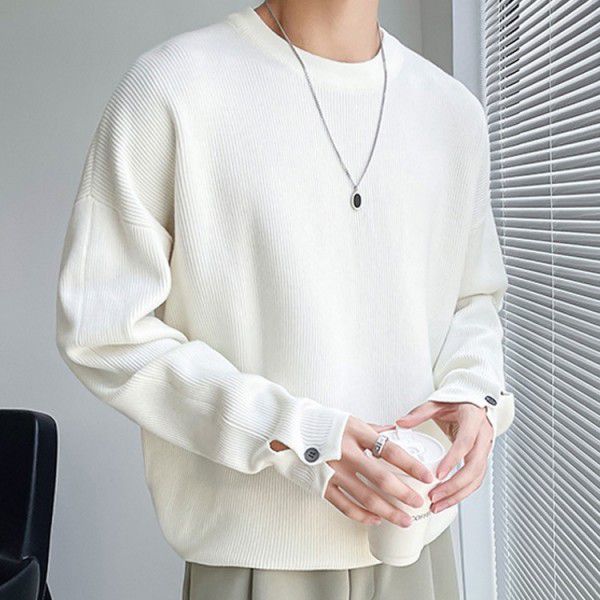 Sweater men's white design with a round neck thread jacket, trendy card style, with open sleeves and buttons, knitted base sweater