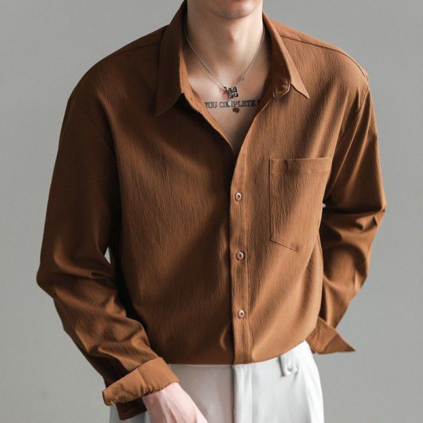 Long sleeved shirt for men, loose casual, solid color, no iron shirt top