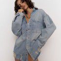 Broken hole distressed cowhide jacket for women, retro style, mid length, lapel, fashionable denim shirt