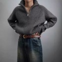 Versatile Half Zipper Sweater with Men's Shoulder Pullover and Collar Design, Dark Grey Heavy duty Knitted Sweater