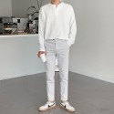 Men's simple V-neck long sleeved T-shirt loose casual top Korean version trendy white T solid color base shirt trend