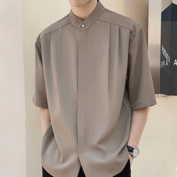 Men's Ice Silk Shirt Top with Seven Sleeve Light Mature Style Men's Half Sleeve