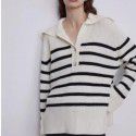 Big collar black and white striped sweater, women's autumn and winter new knitted sweater