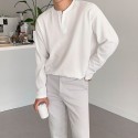 Men's simple V-neck long sleeved T-shirt loose casual top Korean version trendy white T solid color base shirt trend