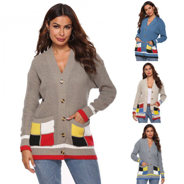 Autumn and winter women's thickened woven cardigan jacket with color matching large pockets, single breasted V-neck casual sweater for women 