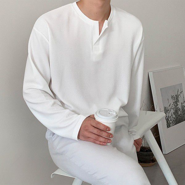 Men's simple V-neck long sleeved T-shirt loose casual top Korean version trendy white T solid color base shirt trend