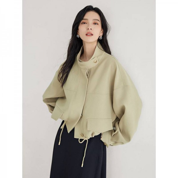 Temperament stand up collar short windbreaker jacket for women, new style drawstring loose top