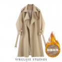 Mid to long windbreaker for women in spring and autumn, slim and waist cinched, with thick cotton coat and outerwear